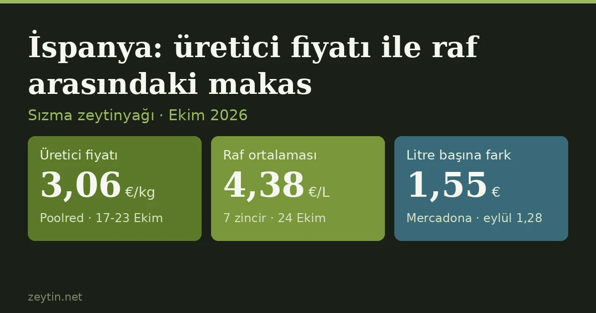 İspanya'da üretici fiyatı 3,06 €'ya indi, raf fiyatı yarı hızda iniyor: markette litre 4,15-4,75 €